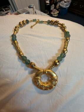Vintage Green Aventurine Beaded Necklace with Ornate Gold-Tone Circular Pendant